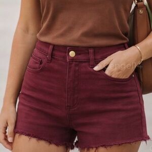 American Eagle Hi Rise Shortie Burgundy Denim Shorts Stretch Raw Hem 8